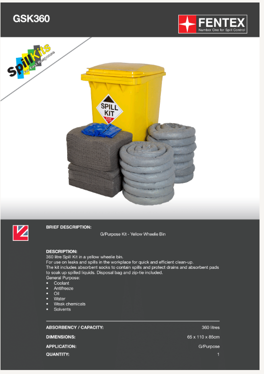 general purpose spill kit in wheelie bin 360litres