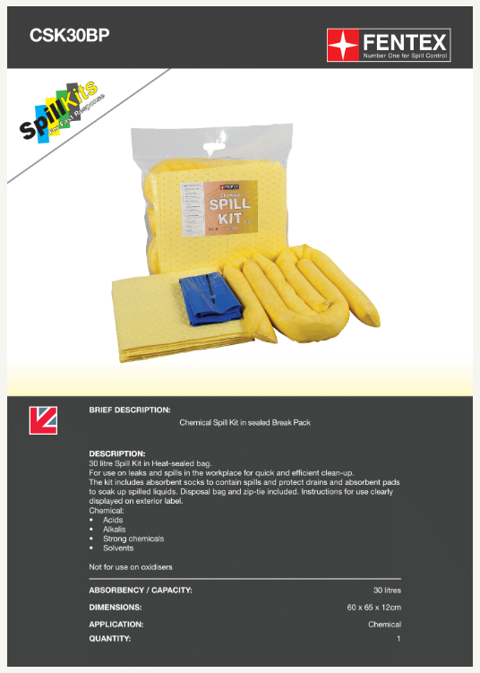 30l chemical spill kit in break plastic bag - csk30bp