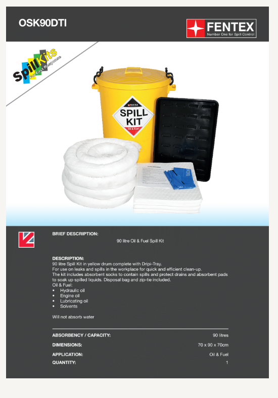90l oil spill kit in plastic bin + drip tray