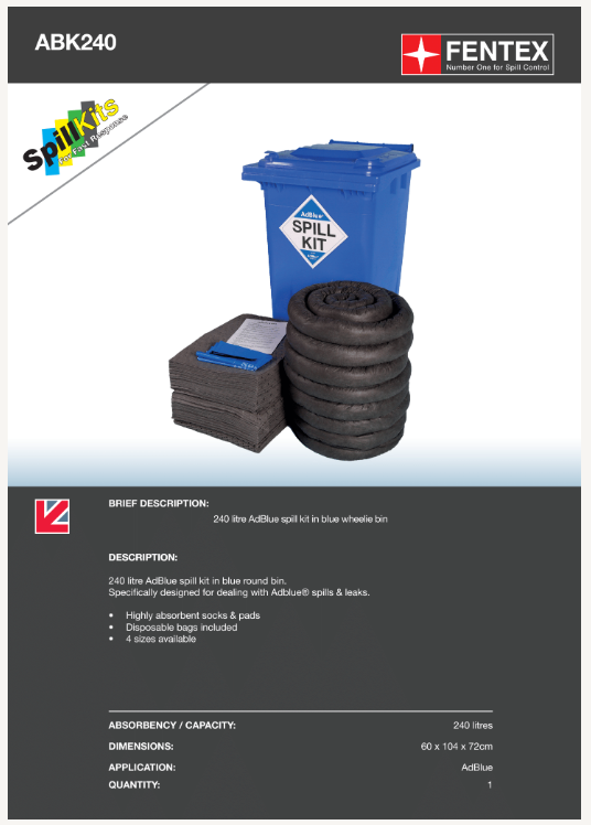 240 litre adblue spill kit in blue wheelie bin (abk240)