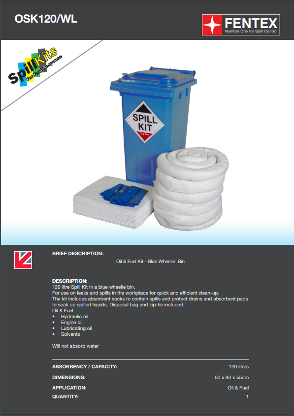oil & fuel 120 litre spill kit - blue wheelie bin (osk120/wl)