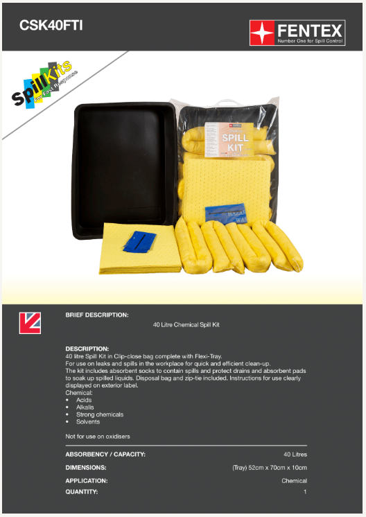 40l chemical spill kit in clip-close plastic bag + flexible tray