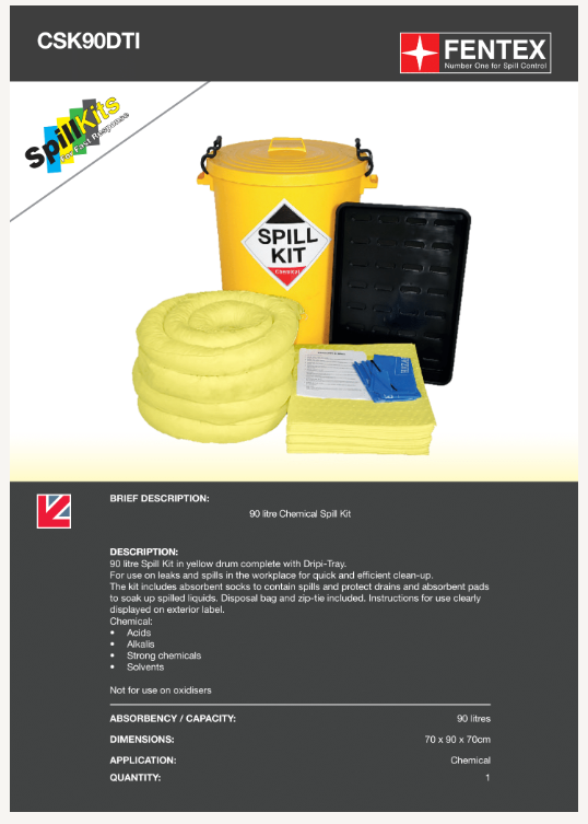 90l chemical spill kit in plastic bin + drip tray