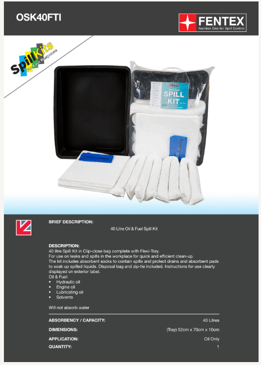 40l oil spill kit in clip-close plastic bag + flexible tray