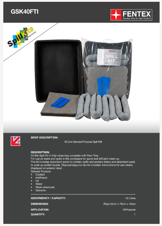 40l general purpose spill kit in clip-close plastic bag + flexible tray
