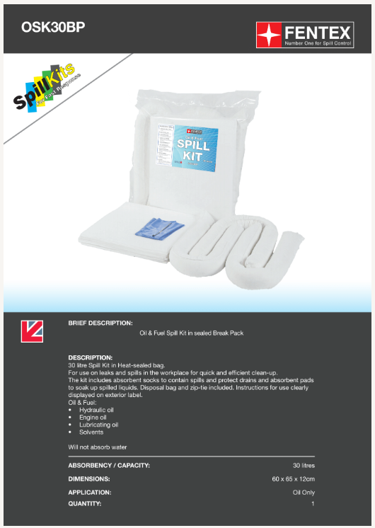 30l oil & fuel spill kit in break plastic bag - osk30bp