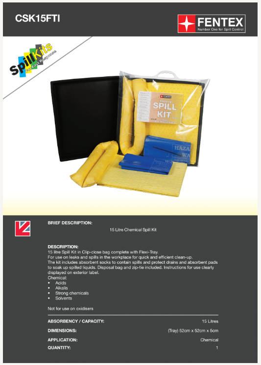 15l chemical spill kit in clip-close plastic bag + flexible tray (csk15fti)