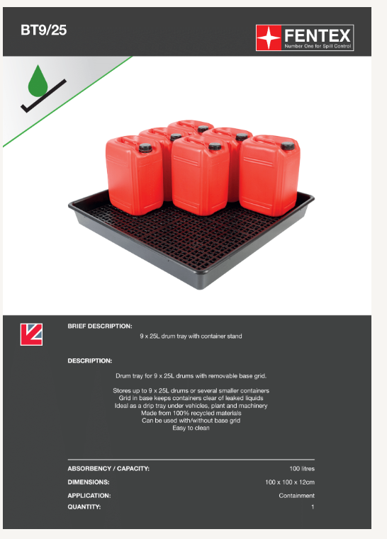 9 x 25 litre bunded drum tray