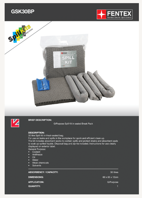 30l general purpose spill kit in break plastic bag - gsk30bp