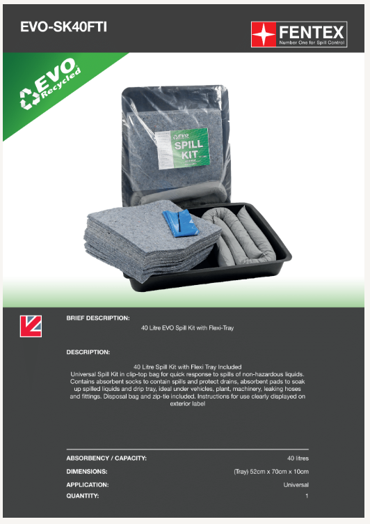 40l evo spill kit in clip-close plastic bag + flexible tray