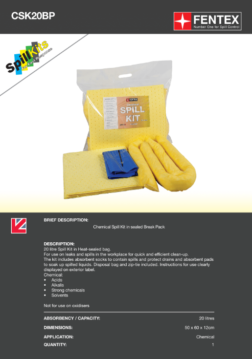 20l chemical spill kit in break plastic bag - csk20bp