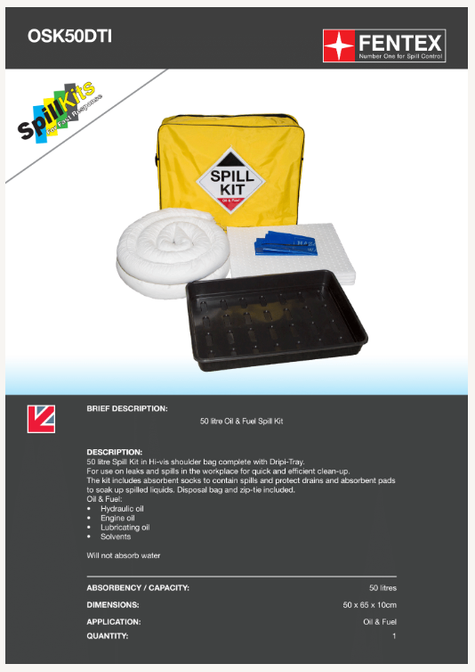 50l oil spill kit in shoulder bag + drip tray