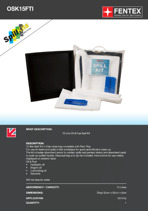 15l oil & fuel spill kit in clip-close plastic bag + flexible tray (osk15fti)