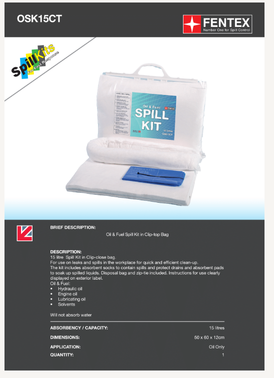 oil & fuel spill kit in clip top bag osk15ct