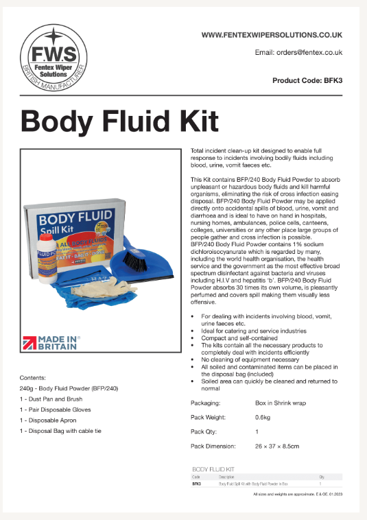 body fluid spill kit with disinfectant powder in box (bfk3)