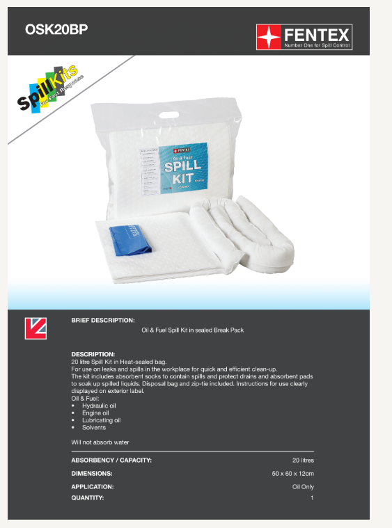 oil & fuel spill kit in sealed break pack osk20bp