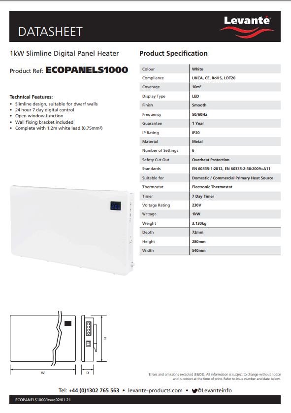 levante 1000w eco slimline digital panel heater - 24 hour timer  (ecopanels1000)