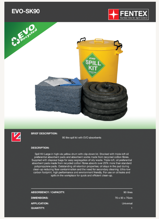 90 litre universal spill kit in yellow drum